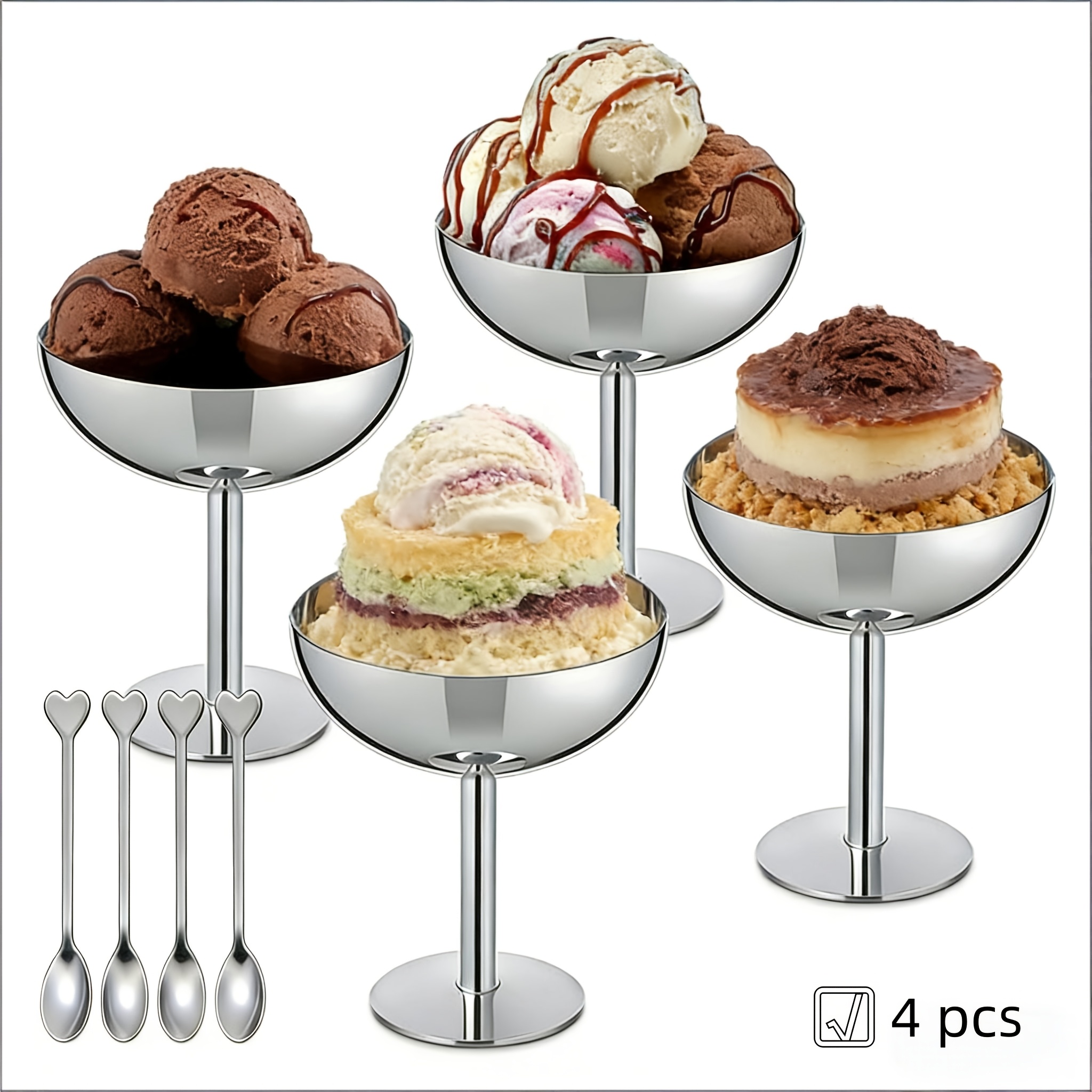 Image of Set Of 4 Premium Stainless Steel Dessert Cups, Suitable For Ice Cream, Complete With 4 Complimentary Ice Cream Scoops. Dishwasher Safe. Ideal For Restaurants, Hotels, Home Use And Parties.