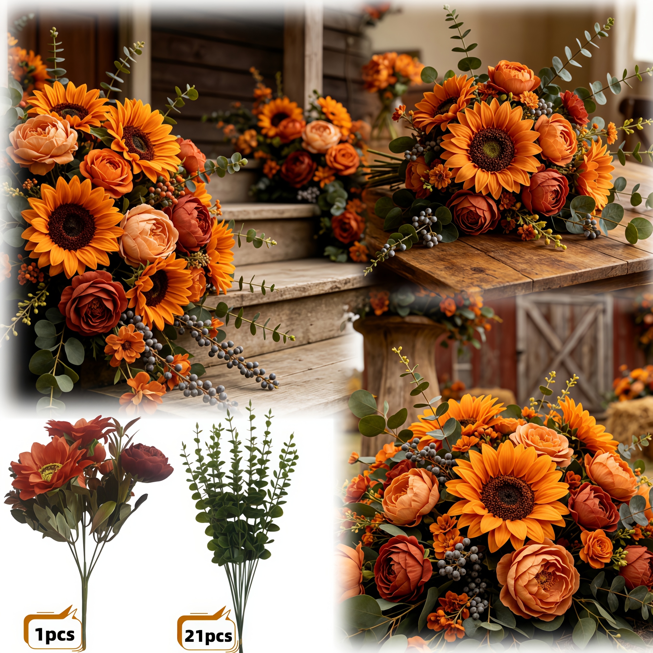 TEMU 22pcs Premium Autumn Sunflower Artificial Bouquet, With Vintage Peonies, Round Berries And Fresh Eucalyptus Leaves, Suitable For Indoor