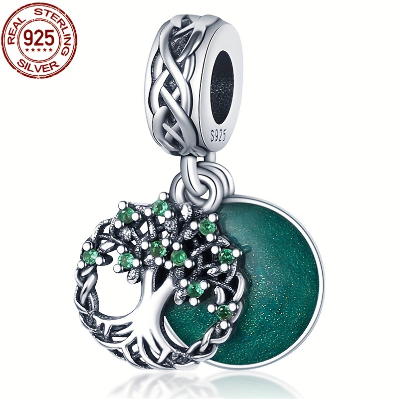 

Sterling Silver 925 Family Tree Charm With Green Enamel, Celtic Knot Design Dangle Pendant Bead For 3mm Bracelets, Fine Jewelry Gift For Women - Authentic S925 Silver, 3g