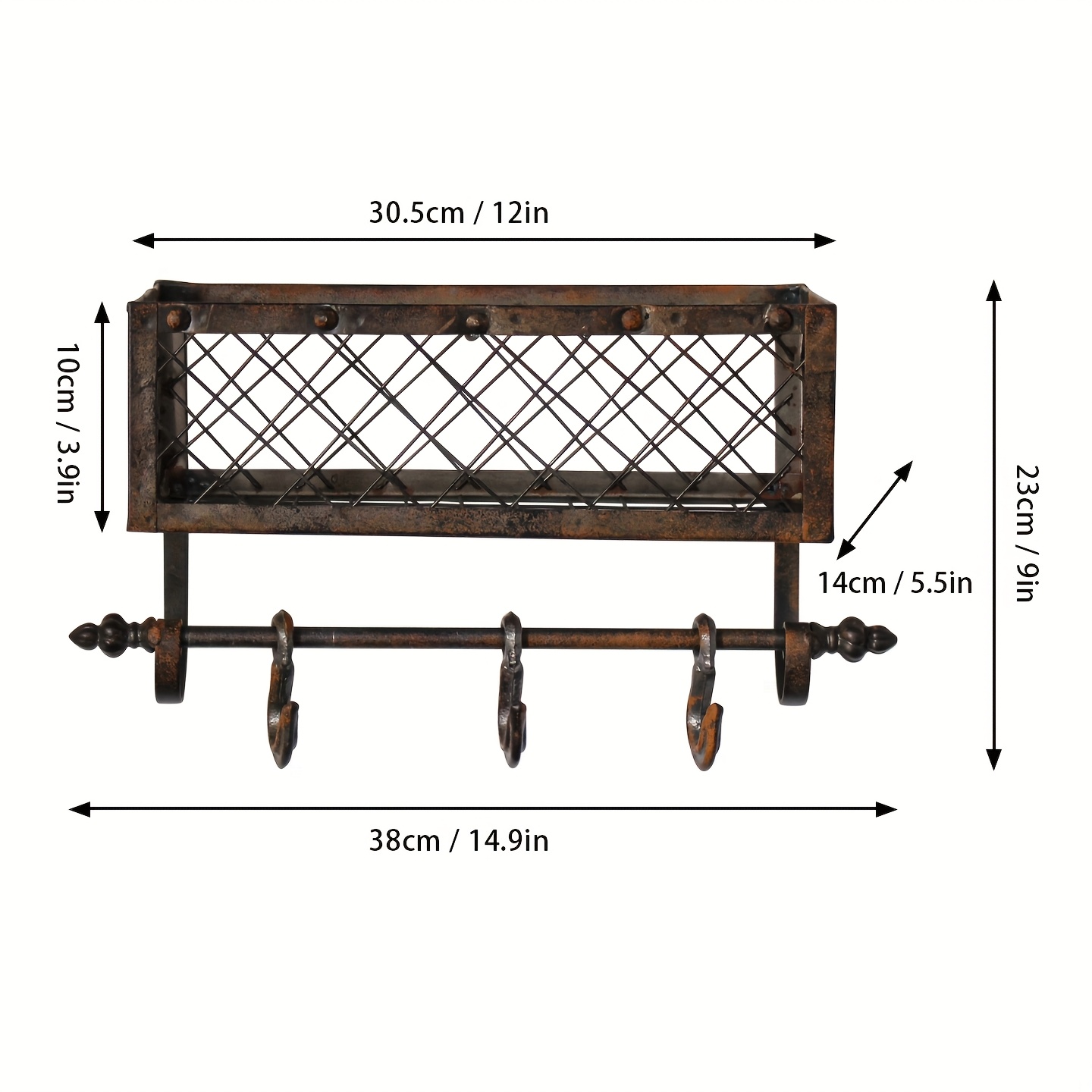 E-shop Ein vintage Wandregal im Landhausstil aus massivem Gusseisen mit drei großen Haken, einem 30,5 cm (12 Zoll) langen Aufbewahrungsregal, geeignet