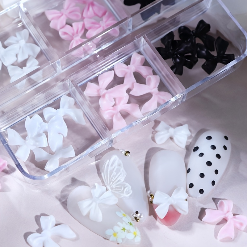 

30pcs Bow Nail Charms Set - 3d Resin Colors, Cute White Black Pink Butterfly Rhinestones For Diy Manicure Decorations