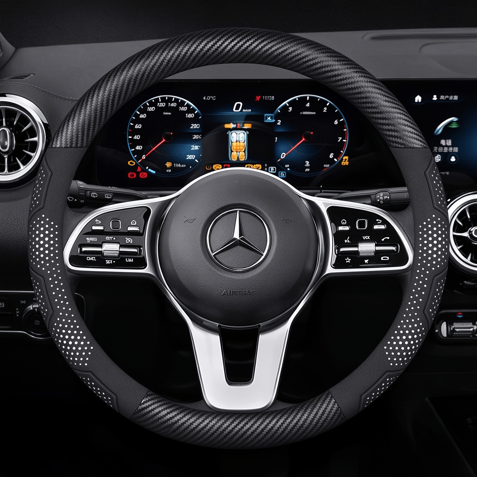Image of Luxury Microfiber Carbon Fiber Texture Steering Wheel For Benz // W204-w206, 3mm Ultra-thin 3d Perforated Anti-slip Protector With , Universal 38cm/15" Auto Interior Additions