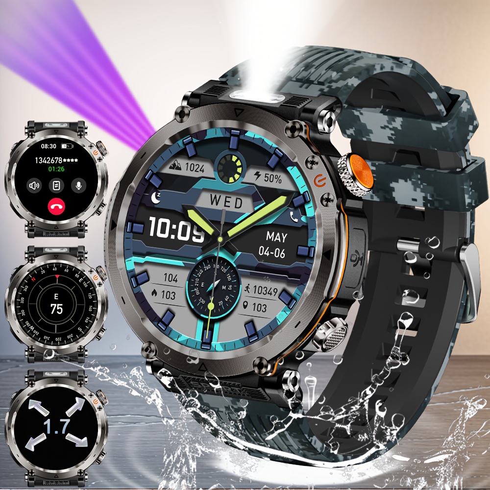 Montre Connectée de Sport d'Extérieur 1.7 pouces, Convient aux Hommes, Supporte Wireless 5.0, Écran IPS 360P, Boîtier en Alliage, en Silicone, Batterie Rechargeable 600Mah, Plus de 100 Modes Sportifs, Boussole, Fonction de Conversation, Chargement USB, Super Lampe Torche – Image 9