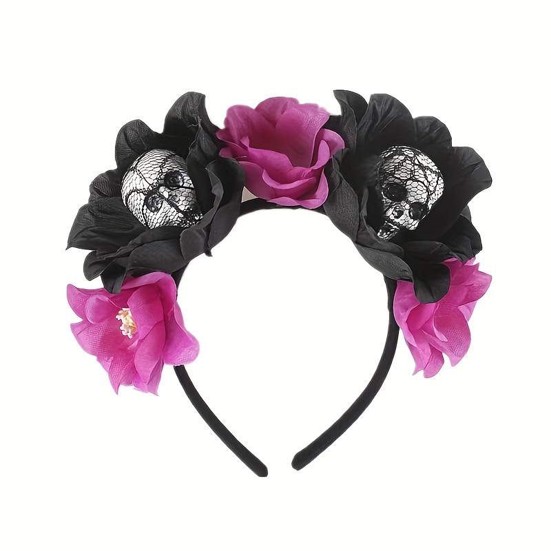 Image of 1pc Black Skull Crown Hair Band Gothic Flower Hair Hoop Foam Skull Horror Party Headdress