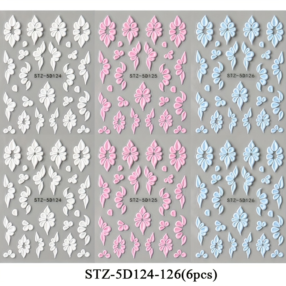 Image of 6pcs White Small Flower Nail Art Sticker Set Embossed 5d Three-dimensional Advanced White Small Flower Floral Self-adhesive Nail Charms Acrylic Nail Stickers Set, Nail Art Stickers For Women And
