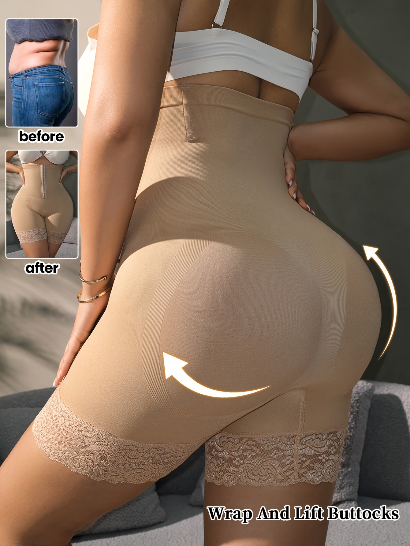 Women's Plus Size High-Waisted Shapewear Shorts with Lace Trim & Zipper Closure - Butt-Lifting Tummy Control 92% Nylon/8% Elastane Blend, 3 Row Hook & Eye Closures, Sculpting Panti Style for Casual Attire