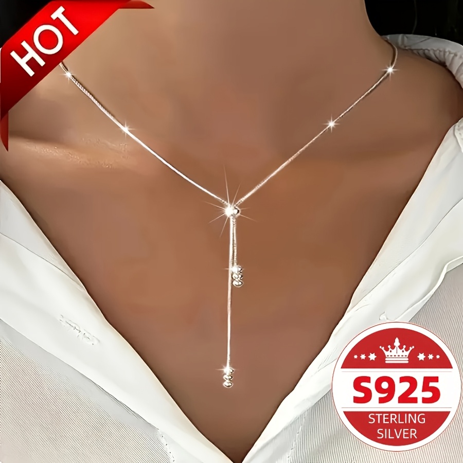 

S925 Pure Silvery Y-shaped Necklace, Suitable For Women, Adjustable Bead Slider, Simple , Suitable For All , Suitable For And Vacation, Perfect Valentine's Day, Day, Carnival Gift