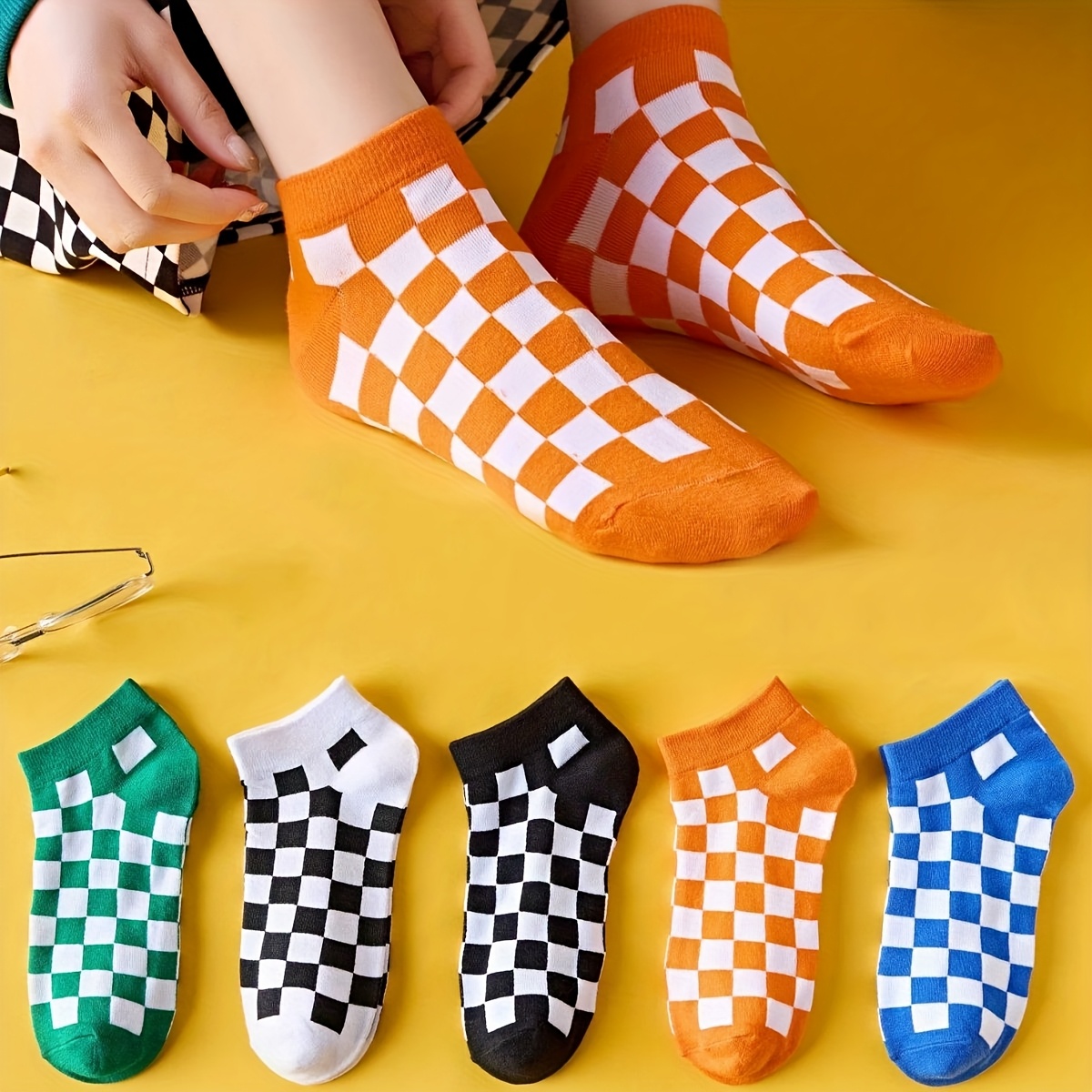 E-shop 5 Paar Neue Bunte Karierter Damenmode Kurze Socken, Weiche Bequeme Atmungsaktive Lässige Vielseitige Dünne Kurze Damensocken