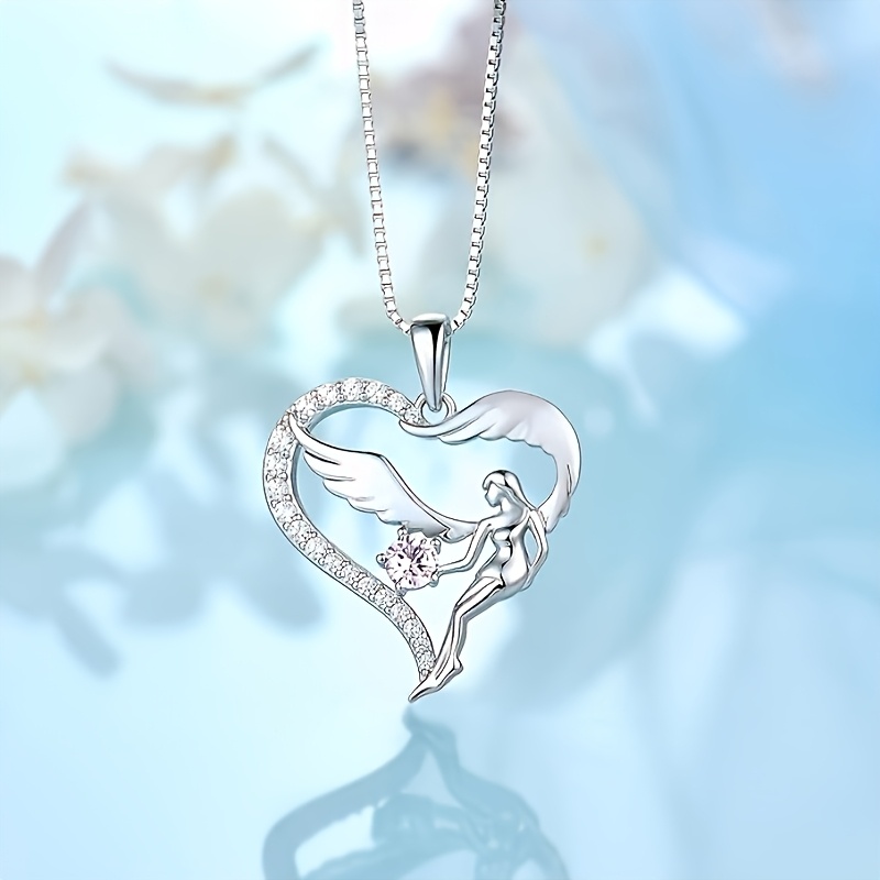 Women's S925 Silver Heart-Shaped Pendant Necklace with Angel Wings