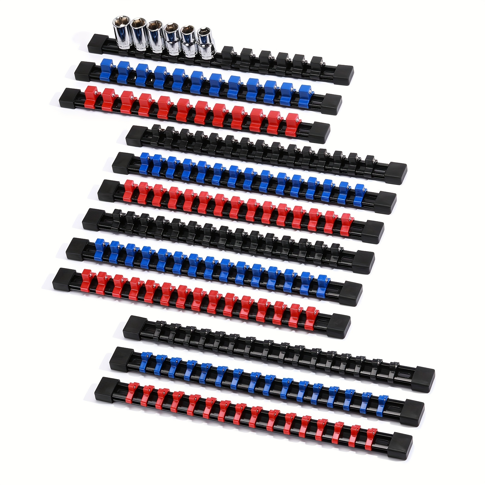 

12pcs Abs Socket Organizer, Socket Holders, 1/4-inch X 48 Clips, 3/8-inch X 90 Clips, 1/2-inch X 36 Clips, Portable Socket Rail Holder For Toolbox, , Total 174 Clips