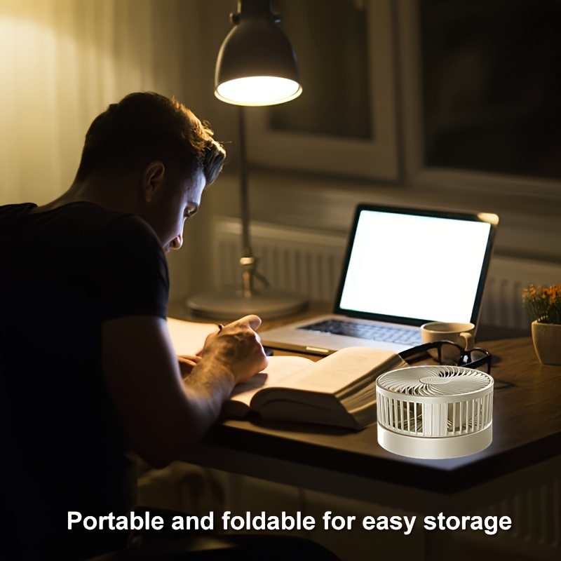 Compact USB-Powered Desktop Fan - Portable, Foldable, High Velocity Airflow, ABS Material, Dual-Level Adjustment, Touch Control, Indoor & Outdoor Use, White with Blue Accents, Fan for Desk