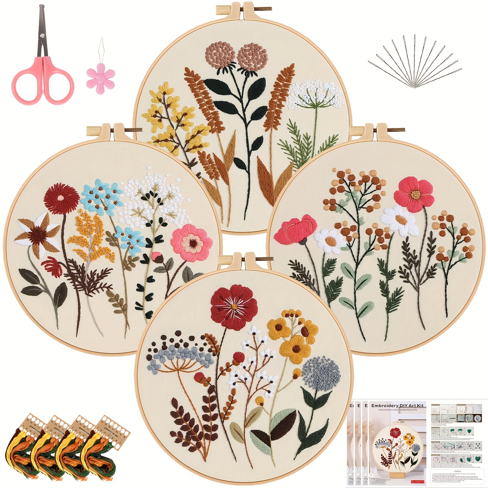 

4 Embroidery Kits With Flower Patterns And Instructions To Explain Hoop Dental Venshopper Embroidery Entry Kit Beginners Handmade Embroidery Kit