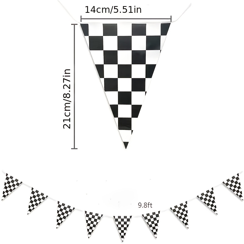 Image of Race Car Themed Birthday Banner - 9.8ft/12pcs Black & White Checkered Flag Pennant Decoration For Boys' Sports Party Supplies, Race Car Birthday Decorations, , Party Supplies