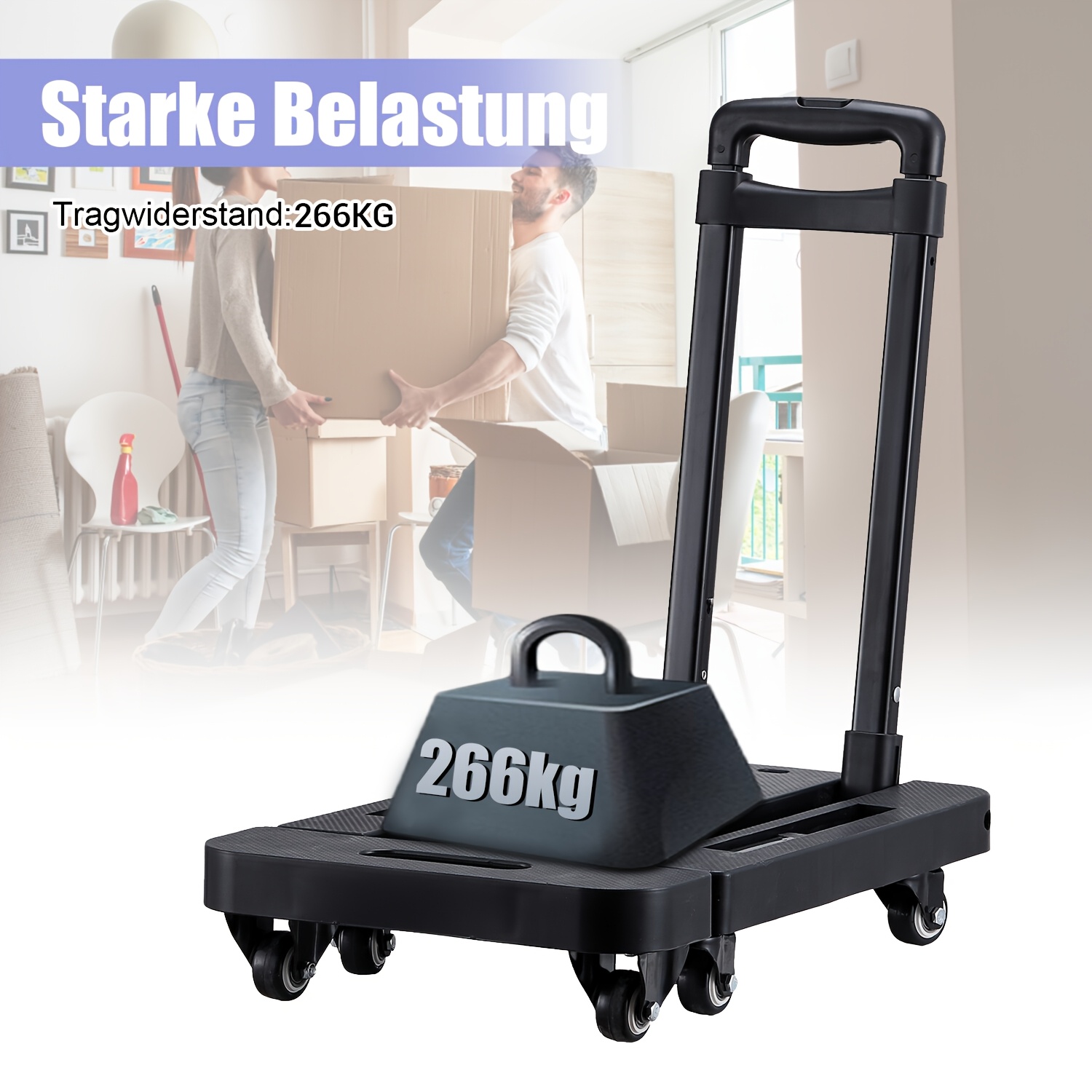 TEMU Folding Hand Truck Load Capacity 266kg, Portable Heavy Duty Dolly Cart, 6 Wheels Collapsible Luggage Cart With 2 Elastic Ropes - Compact Trolley