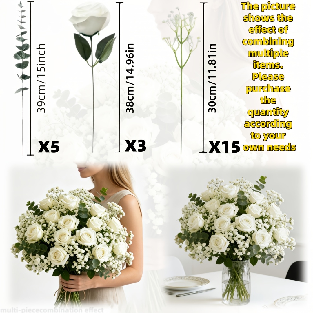 TEMU Bouquet Artificiel 23pcs Rose Eucalyptus Gypsophila - Réaliste avec Eucalyptus - Idéal pour Décoration Intérieure/Extérieure, Cour, Porche,