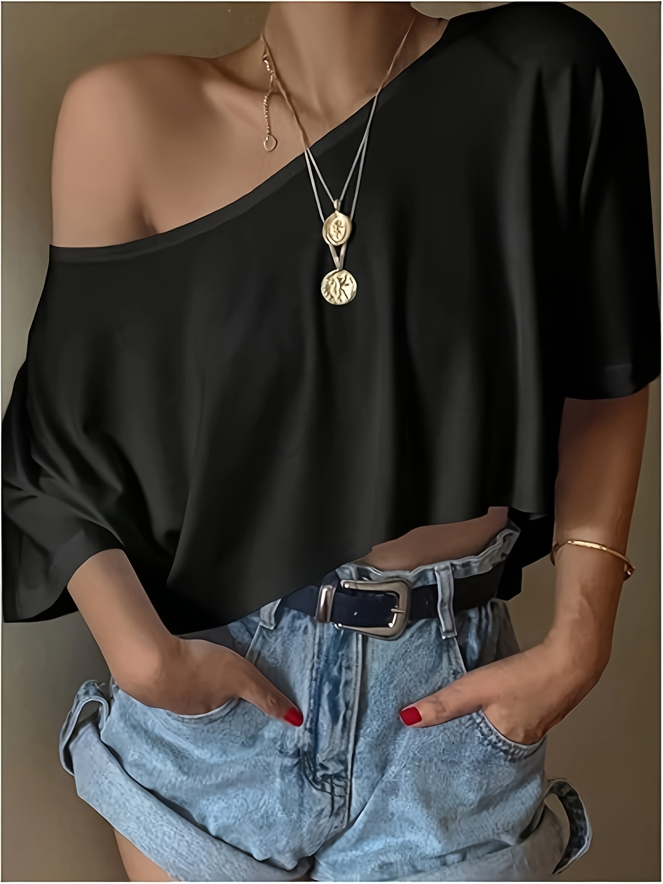 4pcs Women's Off-the-Shoulder Solid Crop Top Set