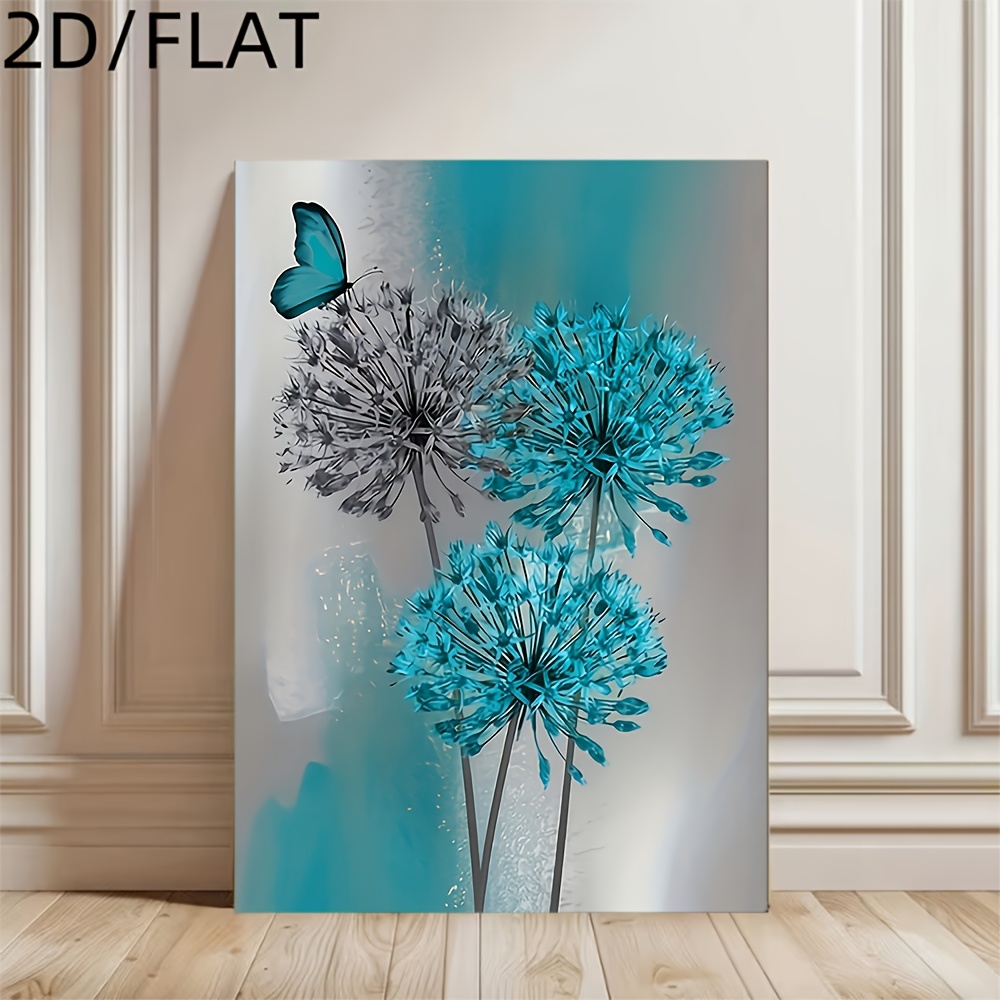 TEMU Art mural plat 2D, 1 pièce encadrée sur toile, impression de fleurs turquoise et de papillons, œuvre d'art florale moderne, affiche encadrée à