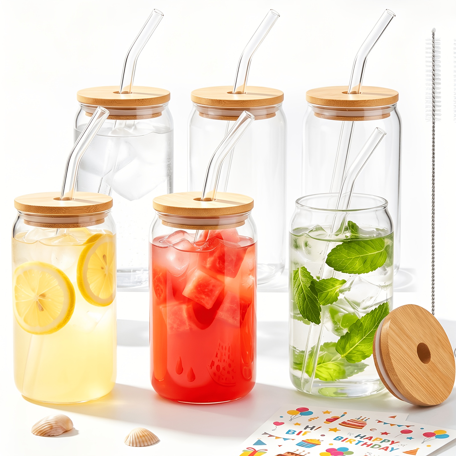 Image of 12/6pcs Clear Glass Cups With Lids And Straws, 19.7oz Each, Large Capacity Glass Cups, Summer Drink Cups, Tea Cups Perfect For Gifts, Beverage Cup Collections, Iced Coffee And Homemade Drinks
