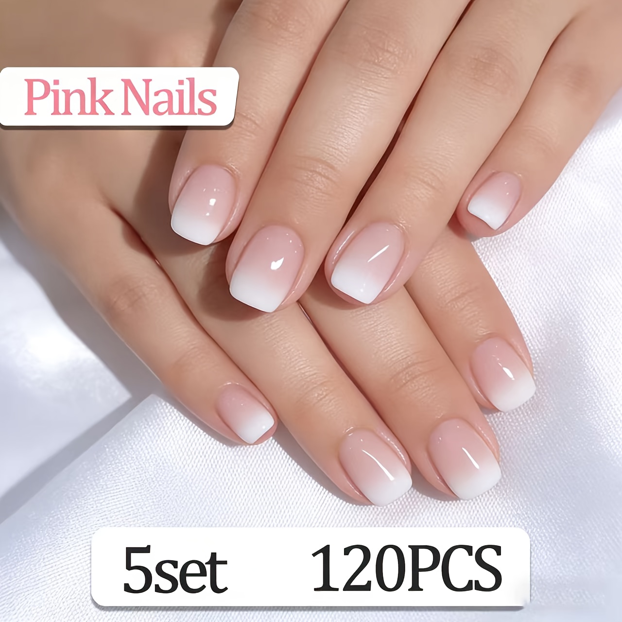 E-shop 120 Stücke Elegantes Verlauf-Nagelset - Rosa & Weiß Verlauf, Glänzendes Finish, Quadratisch, Abnehmbar, Ideal für Frauen, für Feste, Partys,