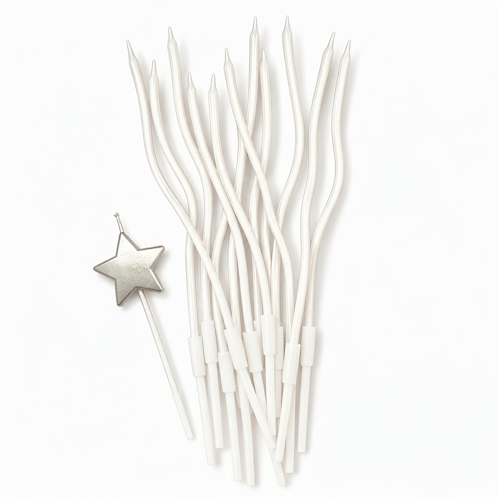 TEMU Wavy Birthday Cake Candle Set, 13pcs, Includes 12 Curved Long-stem Candles + 1 Silvery Star-shaped Candle, Delicate Pearlescent Texture,