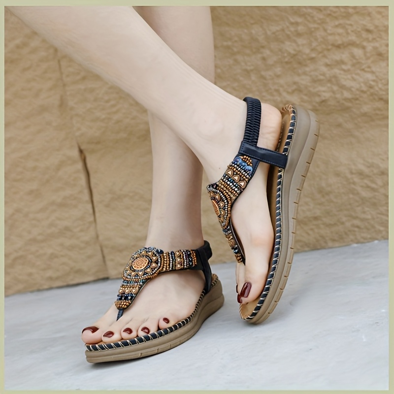 Women'S Flip-Flops, Bohemian Comfortable Beaded Beach Vacation Plus Size Flat Shoes, Women Shoes