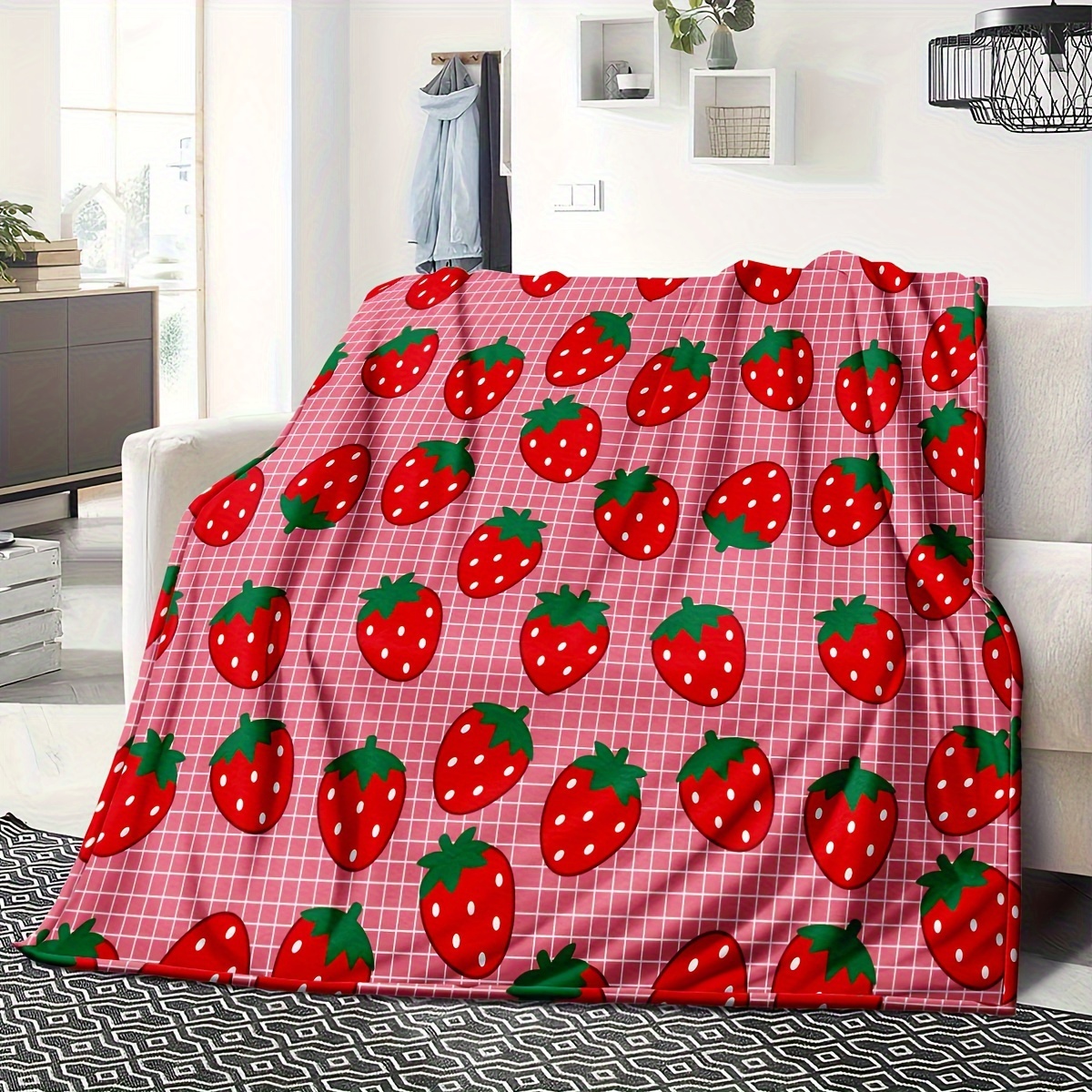     strawberry pattern throw blanket microfiber flannel   fruit theme woven   no     wedding housewarming birthday gift details 5