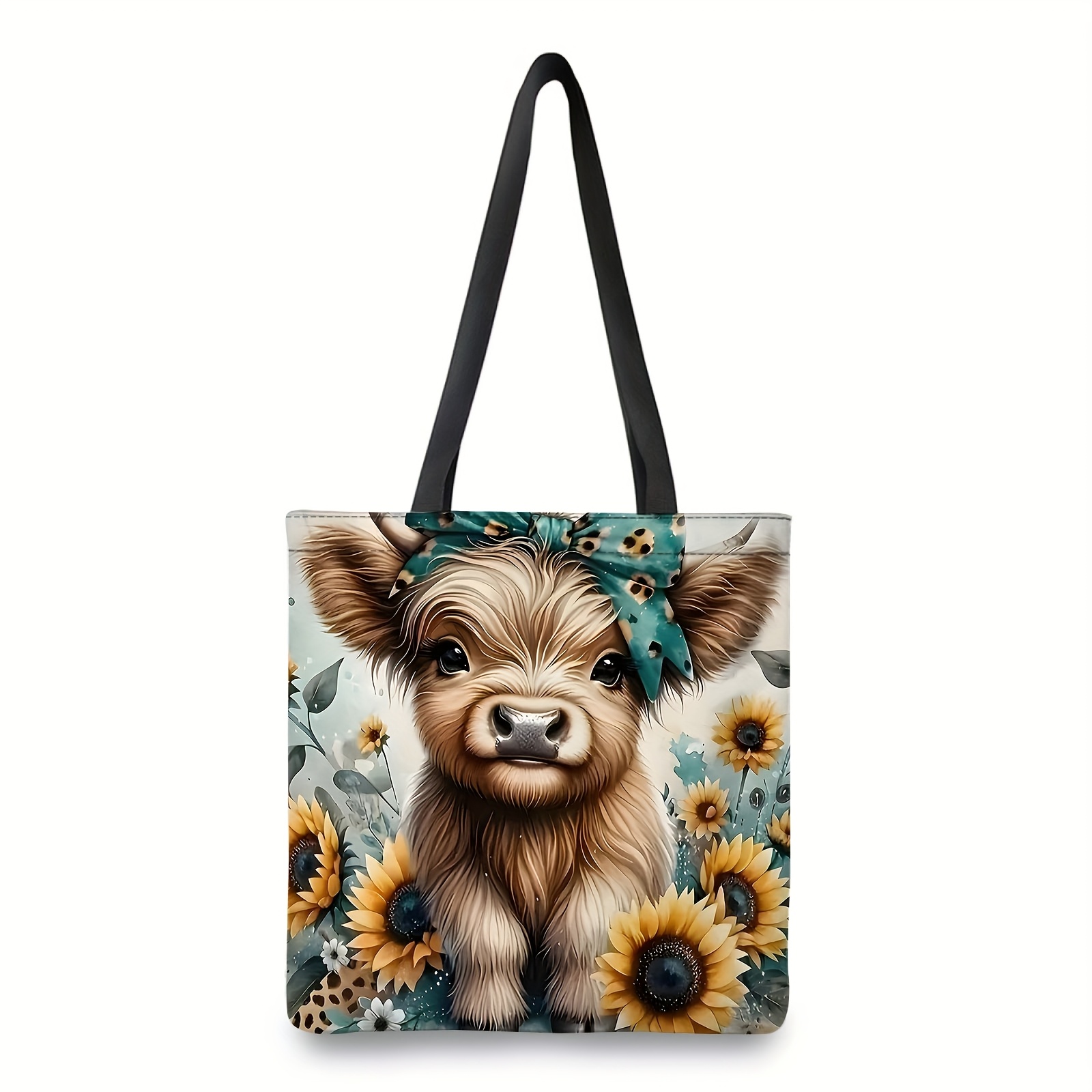 TEMU 1pc Highland Cow & Sunflower Shoulder Bag - Scottish Cow Print Tote Suitable For , Durable Handbag With Capacity, Multicolor Handbag For