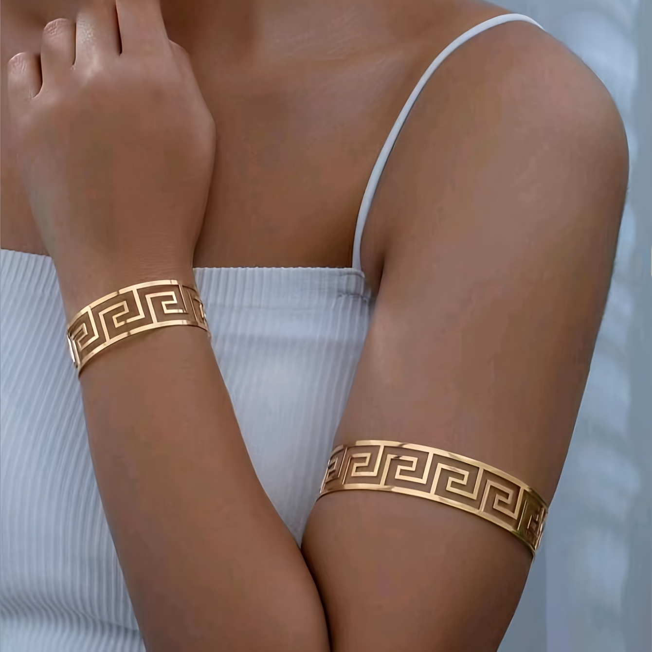 Image of 2pcs Fashion Creative Punk Metal Pattern Maze Arm Ring Bracelet Set For Women Daily Wear