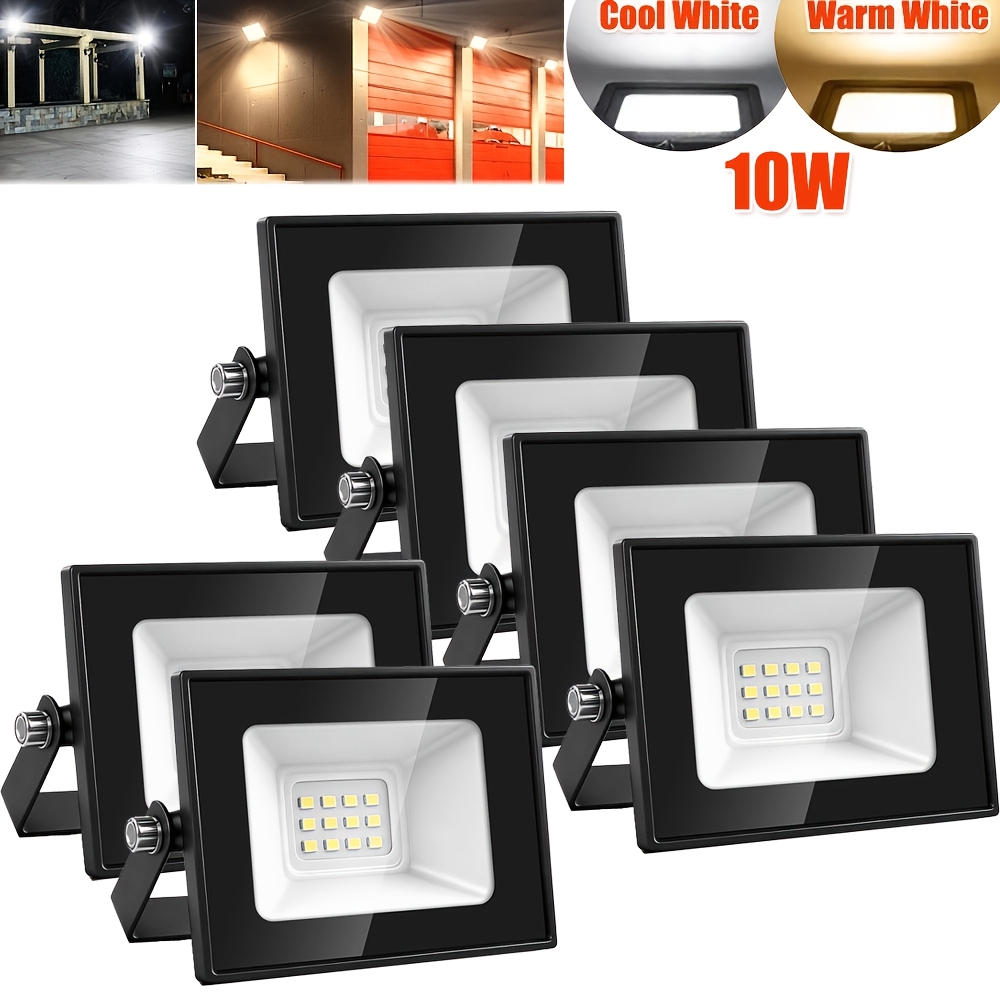 6pcs 10w Led Floodlight Outdoor, 10x7x2.7cm Led Security Light, Led Flood Light, Cool White/warm White, Adjustable 180° Bracket, For Garden, Garage, Yard, Backyard, Workshop