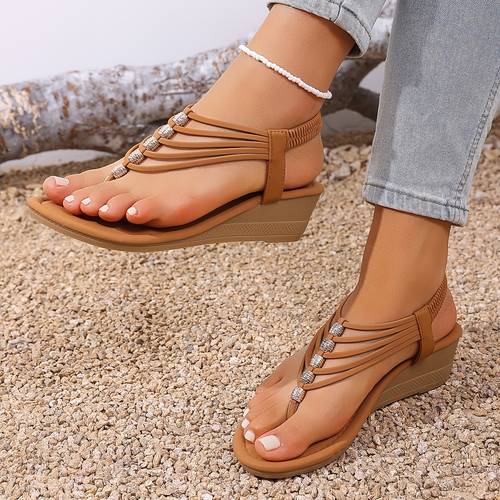 neue sommer damen sandalen in übergröße mit plateausohle, einfarbig mit elastischem band, modische keilabsatz-sandalen, freizeitschuhe im bohemian-stil zum hineinschlüpfen für outdoor urlaub, damenschuhe