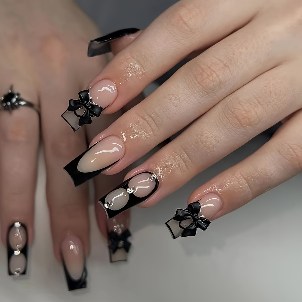 

24pcs Of Medium Length Square Sexy Mysterious Black Ballet Style With Flash Diamonds Full Coverage Acrylic French False Nails Party Essential Press-on Nails With Jelly Glue 1pc Strip 1