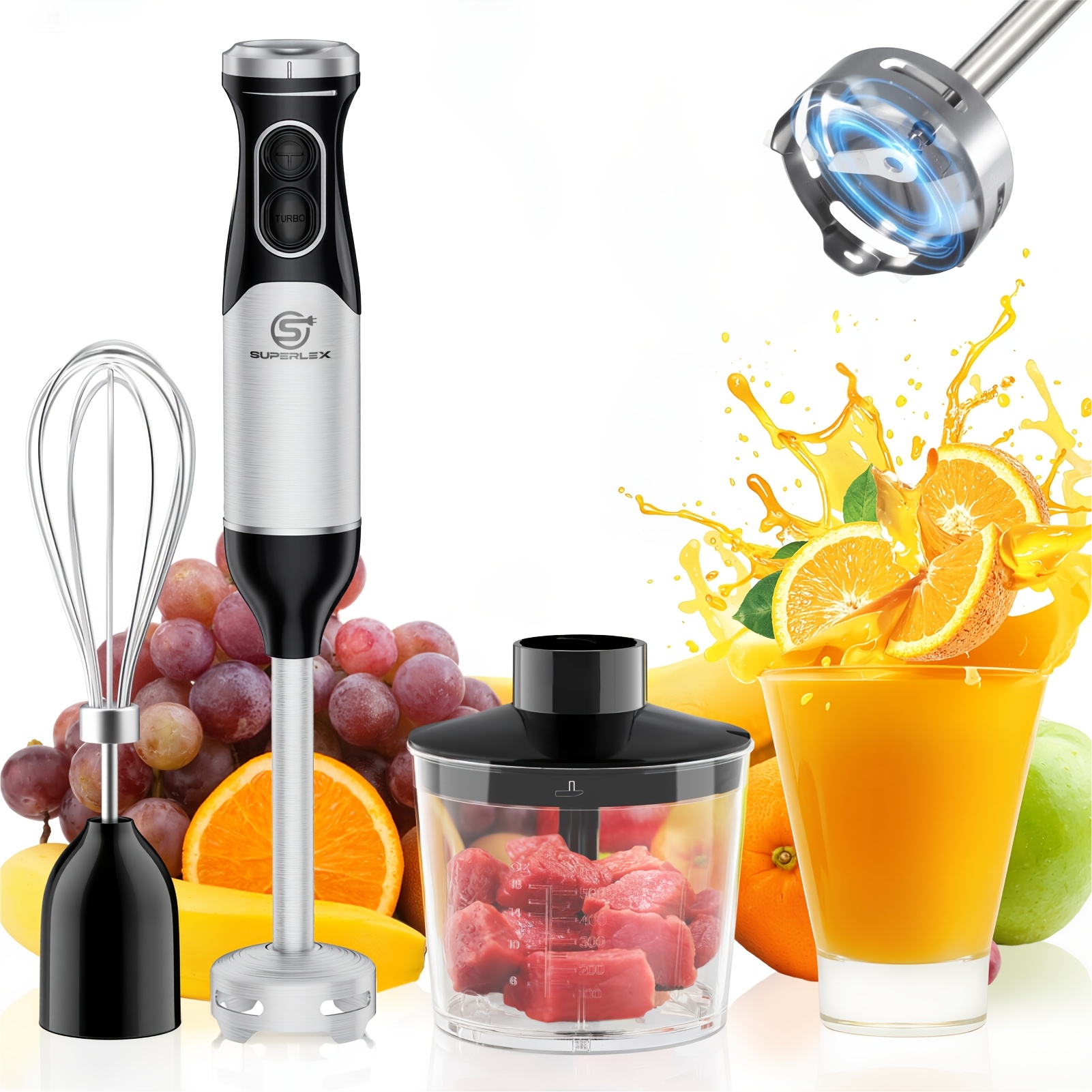 E-shop SUPERLEX 600W 3-in-1 Stabmixer Set | Professioneller Stabmixer mit 600ml Mixbecher | 2 Geschwindigkeitsstufen | 304 Edelstahl & Stange | Motor