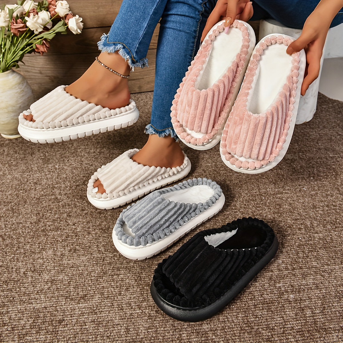 

Women's Cozy Eva Sole Slippers, Non-slip Striped Slides With Fabric Upper And Inner Material, Home Relaxation | Fashionable Slippers | Eva Sole Slippers, House Slippers