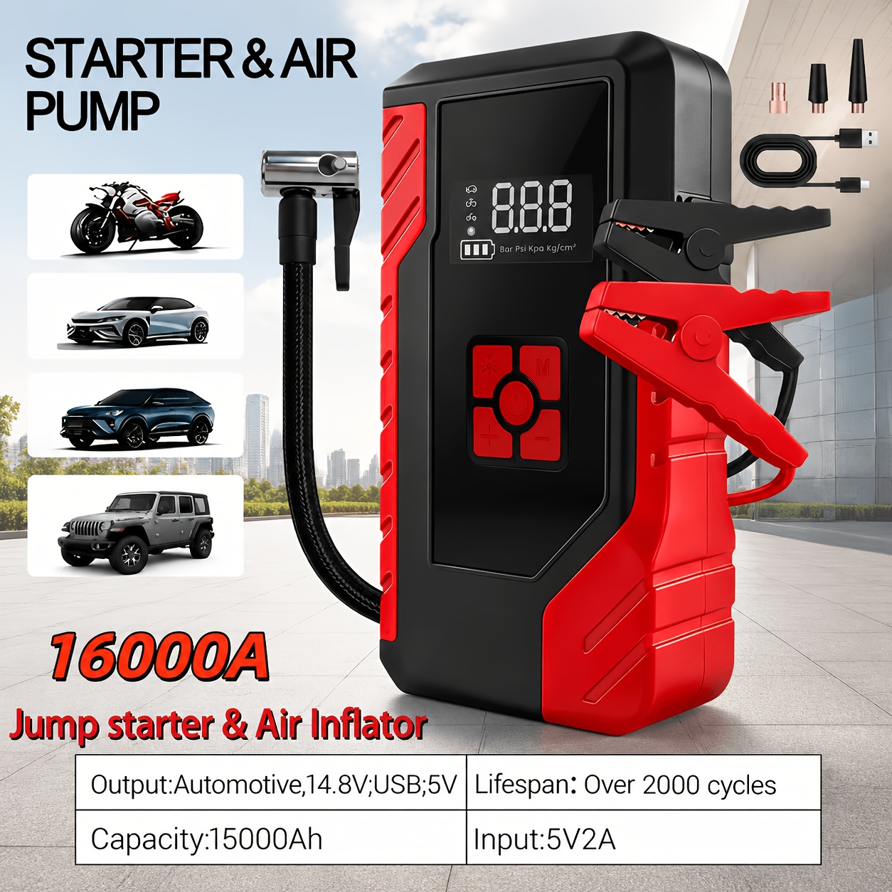 TEMU Démarreur Multifonction 10-en-1, Démarreur de Batterie de Voiture Portable 250 PSI, Gonfleur de Pneu Numérique, Chargeur de Batterie de Véhicule