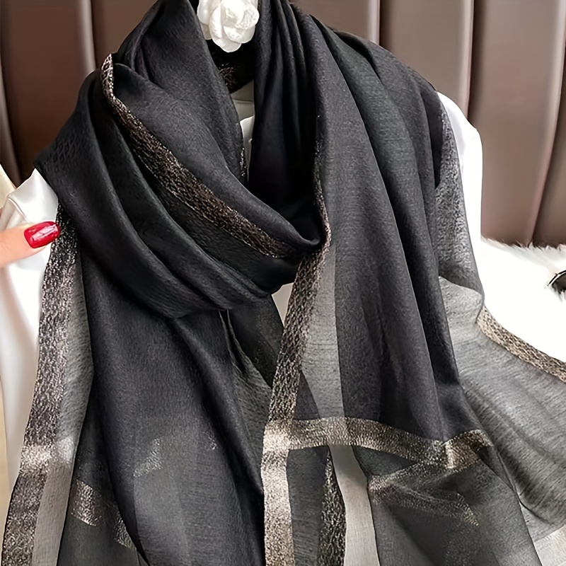 

1pc Solid Color With Golden Trim Light Black Scarf, Spring Autumn Sun-protective Warm Shawl, Versatile Casual Daily Wear For Adults Gifts For Eid