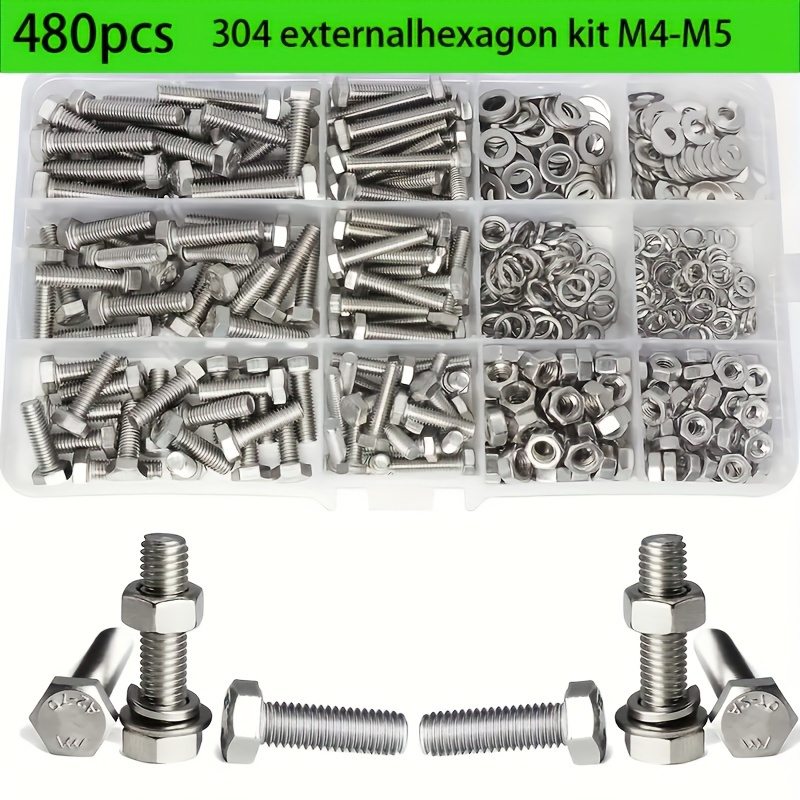 

480pcs Stainless Steel Hex Head Bolt And Nut Assortment Set - M4 M5 Hexagonal Nuts With Washers, Kit For Applications