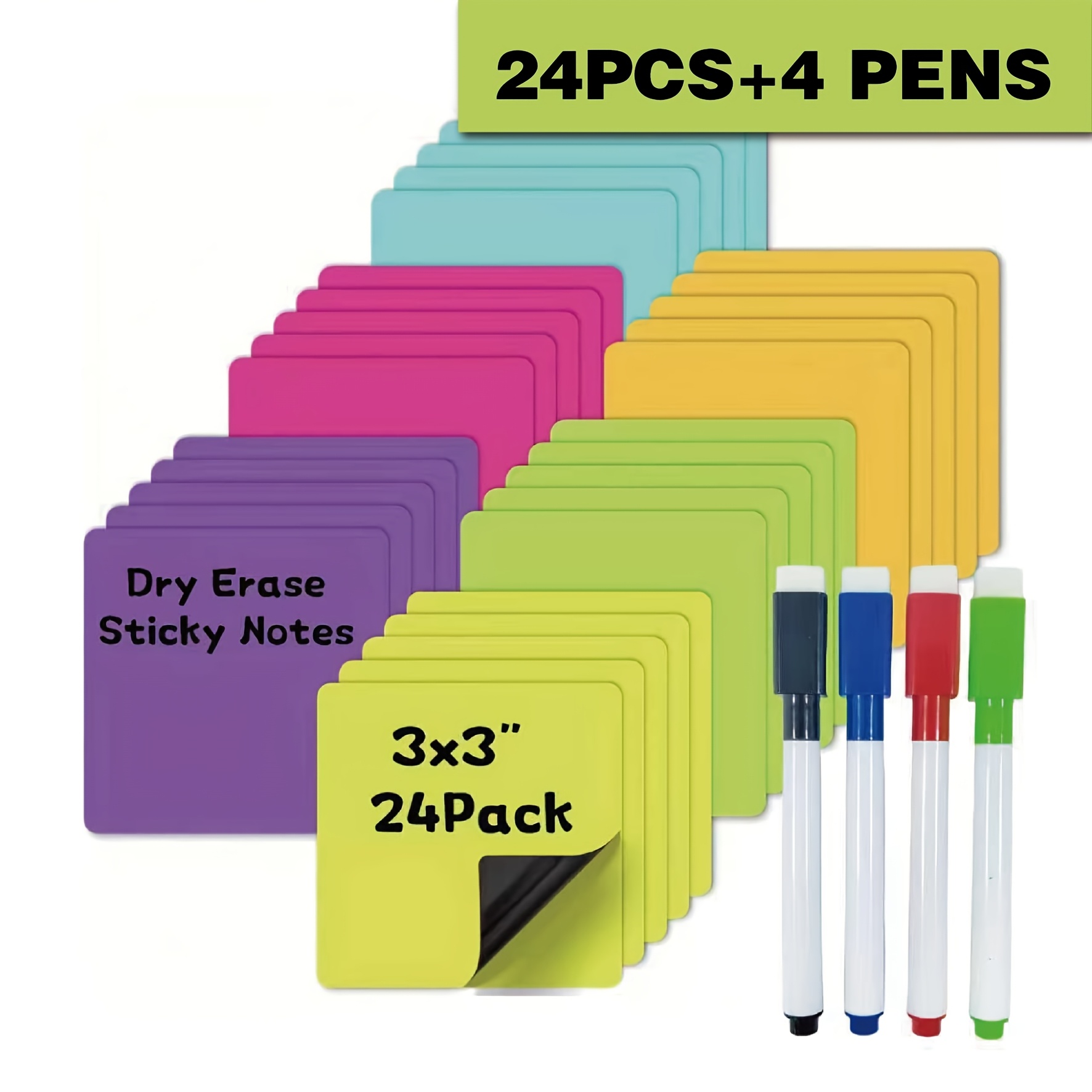 TEMU 24/30 Notes Magnétiques Réutilisables, 3x3 pouces | Étiquettes Effaçables avec 4 Marqueurs pour Tableaux , , Casiers - Parfait pour , de et les