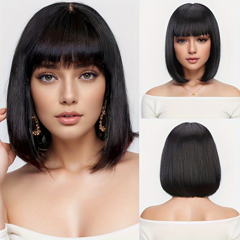 

12 Inch Bob Haircut With Bangs - Black Synthetic Female Fashion Wig - Straight Hair - No Lace - Suitable For All Ethnicities