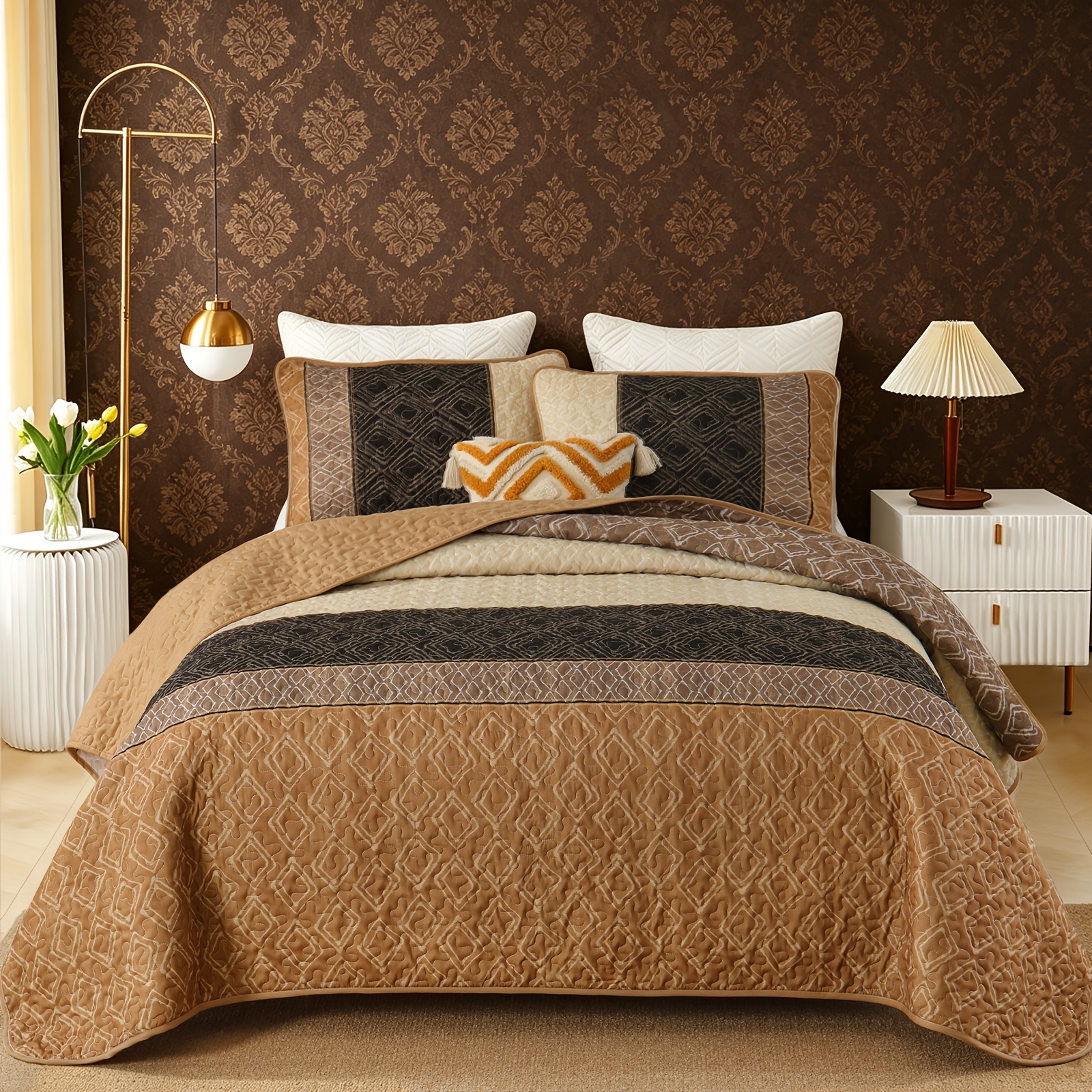 TEMU Fall Quilt Set Queen Size 3pcs, Brown Striped Bedspread, Boho Bedding Set Soft Microfiber Quilt With 2 Pillow Shams 96"x90"