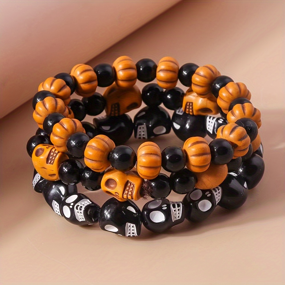 

3pcs Halloween Beaded Bracelet Set - Skull & , For Parties &