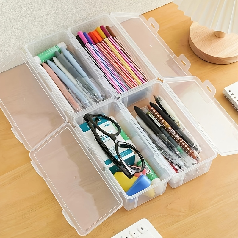 Image of 4 Large Clear Frosted Pp Storage Boxes With Lids, Portable Lightweight Organizer For Office And School Supplies, Holds Pens, Pencils, Markers, And Crafts