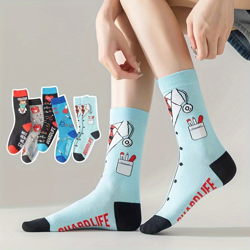 

5 Pairs Medical Equipment Socks, Novelty Street Style Mid Tube Socks, Women's Stockings & Hosiery