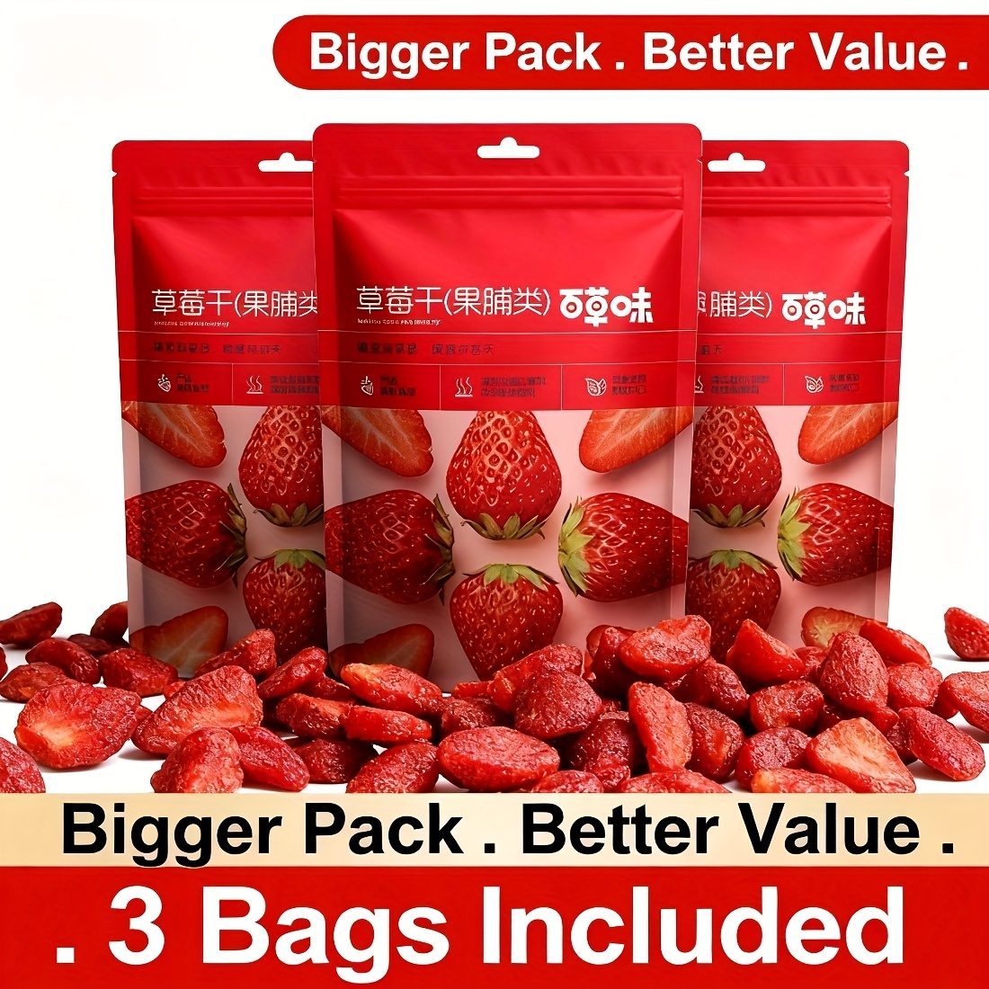 TEMU 3 Bags Of Dried Strawberries, Featuring Low-sugar Options Made From Naturally Ripened Fruit. These Tropical Snacks Are Gluten-free And Perfect