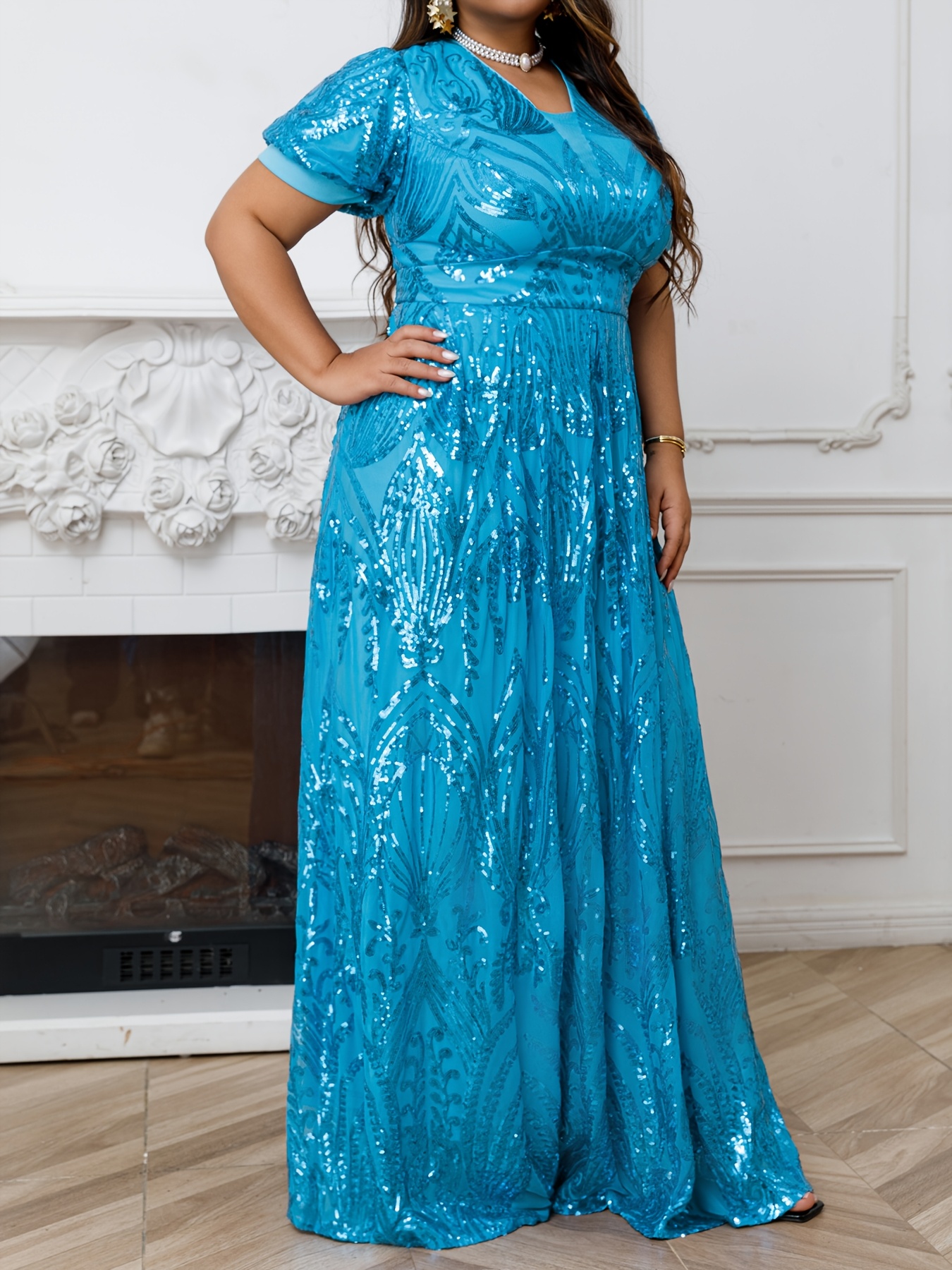 Elegant V-Neck Fit and Flare Long Sleeve Trapeze Hem A-Line Dress,  Polyester, with Contrast Sequin, for Plus Size Mother of the Bride