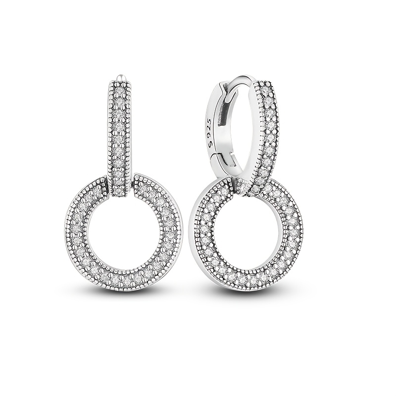 

1 Pair Elegant 925 Sterling Silver Double Hoop Earrings With Synthetic Cubic Zirconia, Simple , Wedding & Gift-, Jewelry