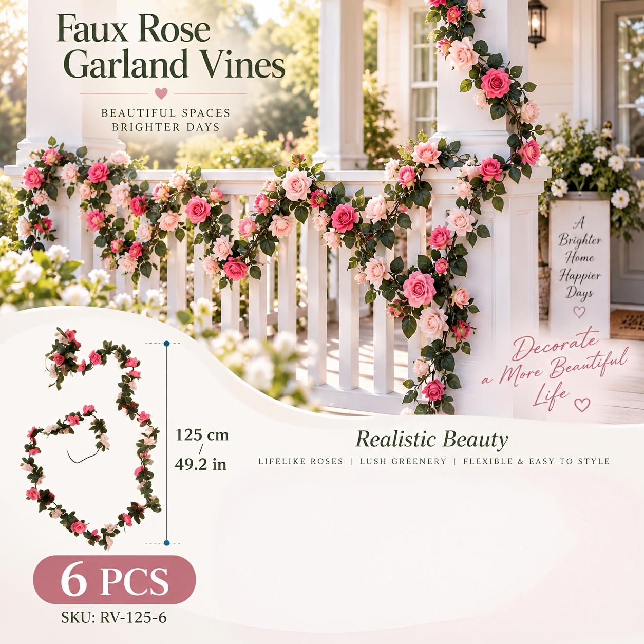 TEMU 6pcs 125cm Rose Vine, Outdoor Decorative Artificial Flowers. Suitable For Indoor/outdoor, Garden, Courtyard, Hotel, Living Room, Bedroom, Porch,