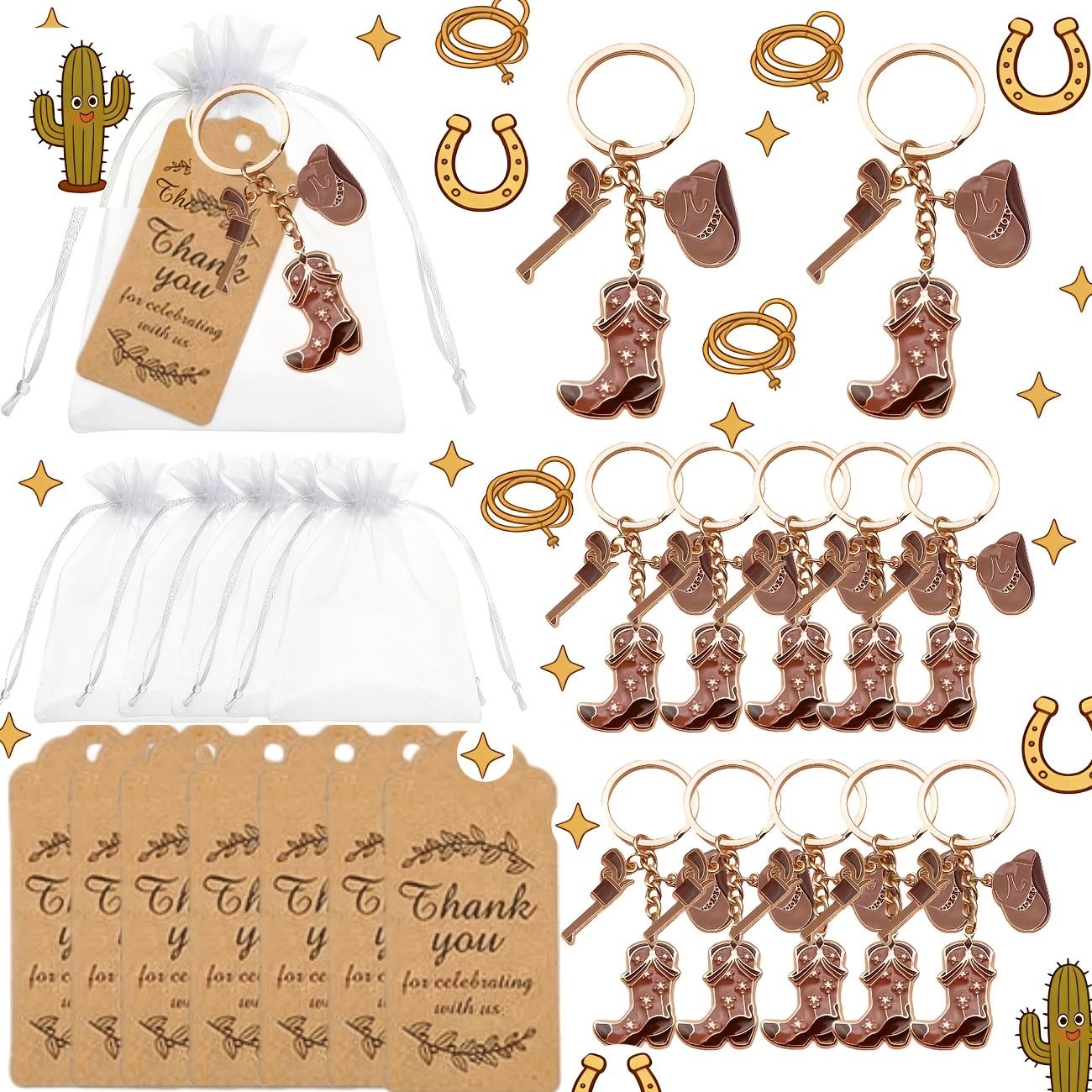 TEMU Cadeau pour Elle/Lui Lot de 30 pièces/10 ensembles de porte-clés de style western pour fête, anneaux de clés en métal avec breloques chapeau et