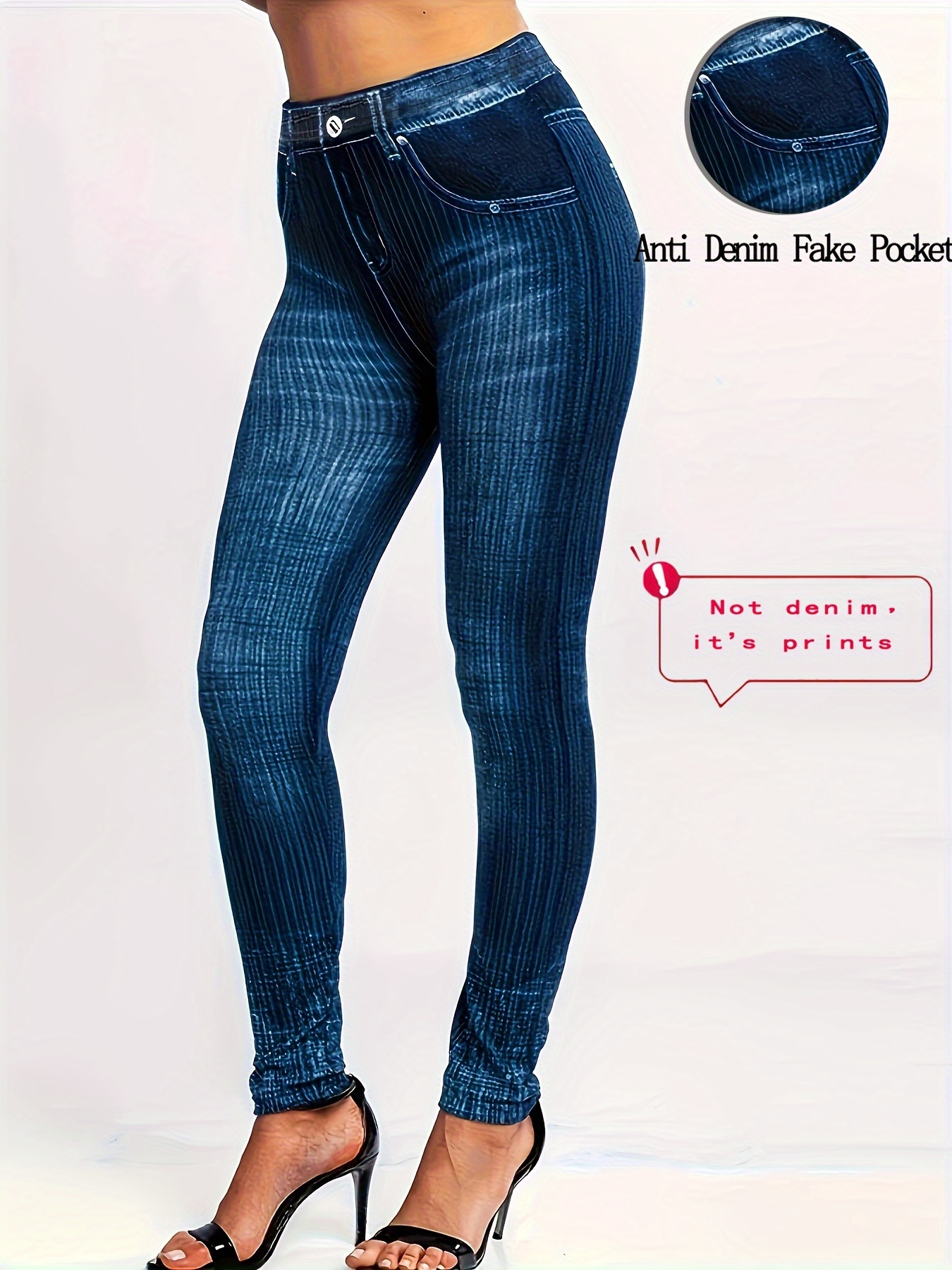 Plus Size - Women'S High-Waisted Stretch Denim Print Leggings - Purple & White Striped Design, Comfortable All-Season Casual Wear, Perfect for & Casual Attire, High Waisted Leggings