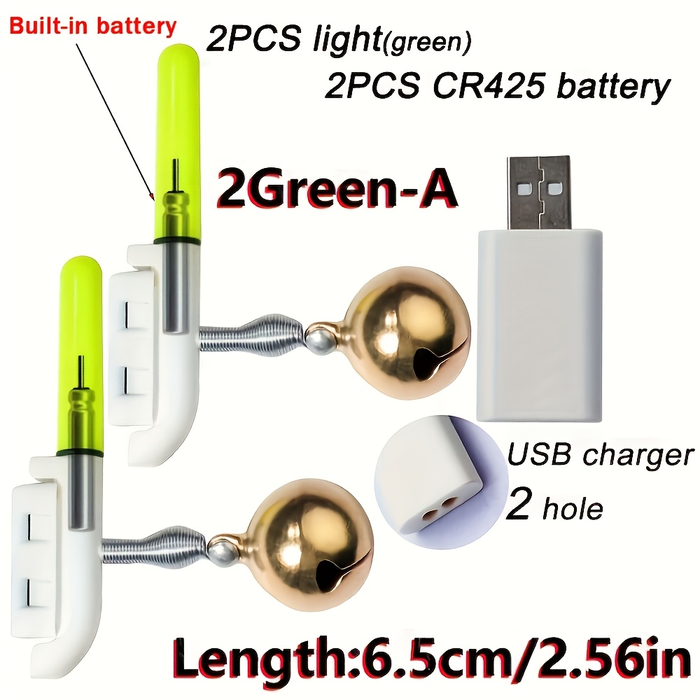 TEMU Kit de carga de luz para punta de caña de pescar (2 luces para punta de caña + batería recargable CR425 X2 + cargador) Alarma de para pesca