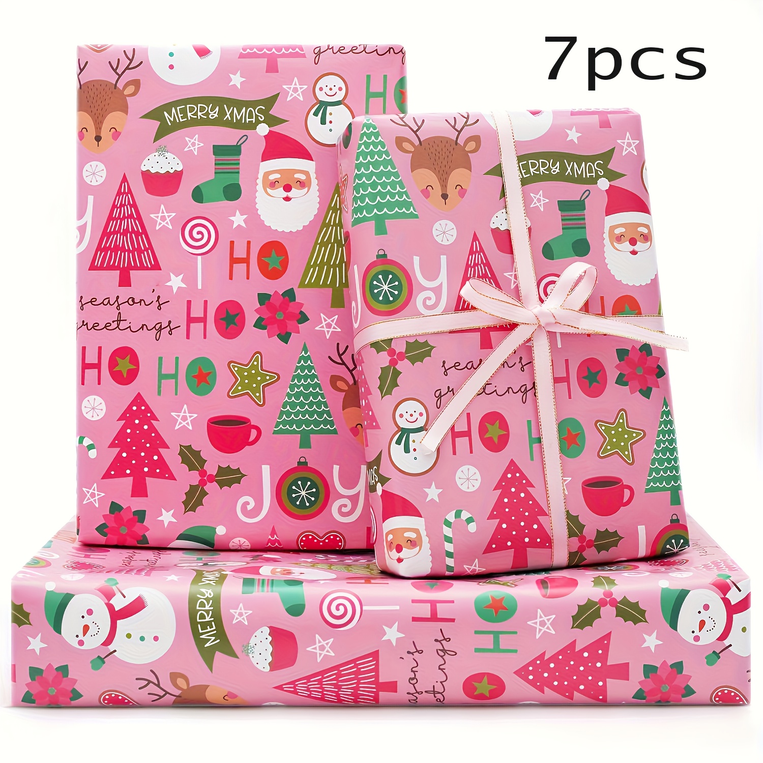 7pcs pink christmas wrapping paper with , merry christmas santa claus snowman wrapping paper with folding paper, santa claus wrapping paper suitable for girls and women christmas holiday, holiday gift packaging | High-quality & Affordable | Temu United Kingdom
